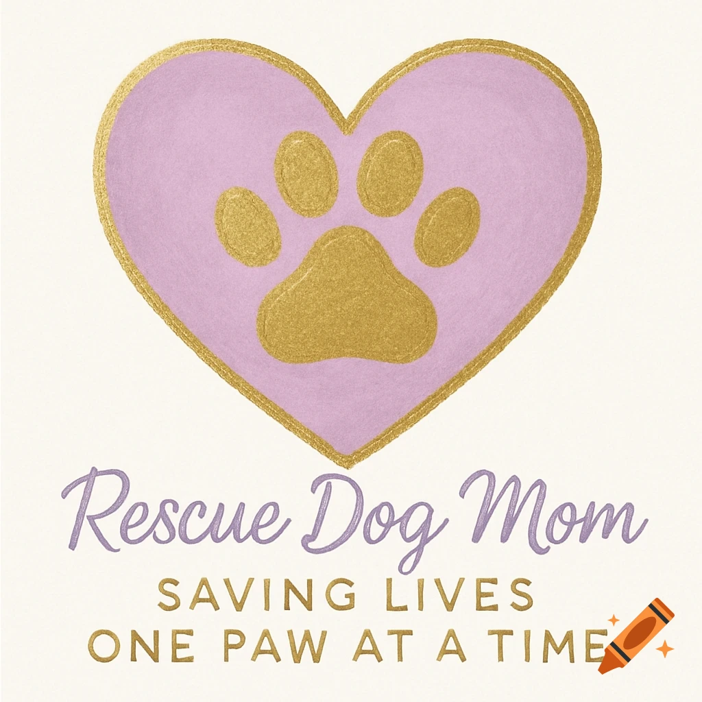 Purple heart with a golden paw print inside, with the text 'Rescue Dog Mom Saving Lives One Paw at a Time' below on a white background.