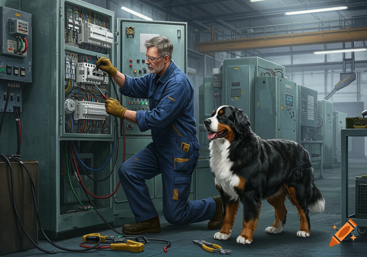 A photorealistic image of an electrician working on an electrical panel in a factory, with a Bernese Mountain Dog standing next to him.