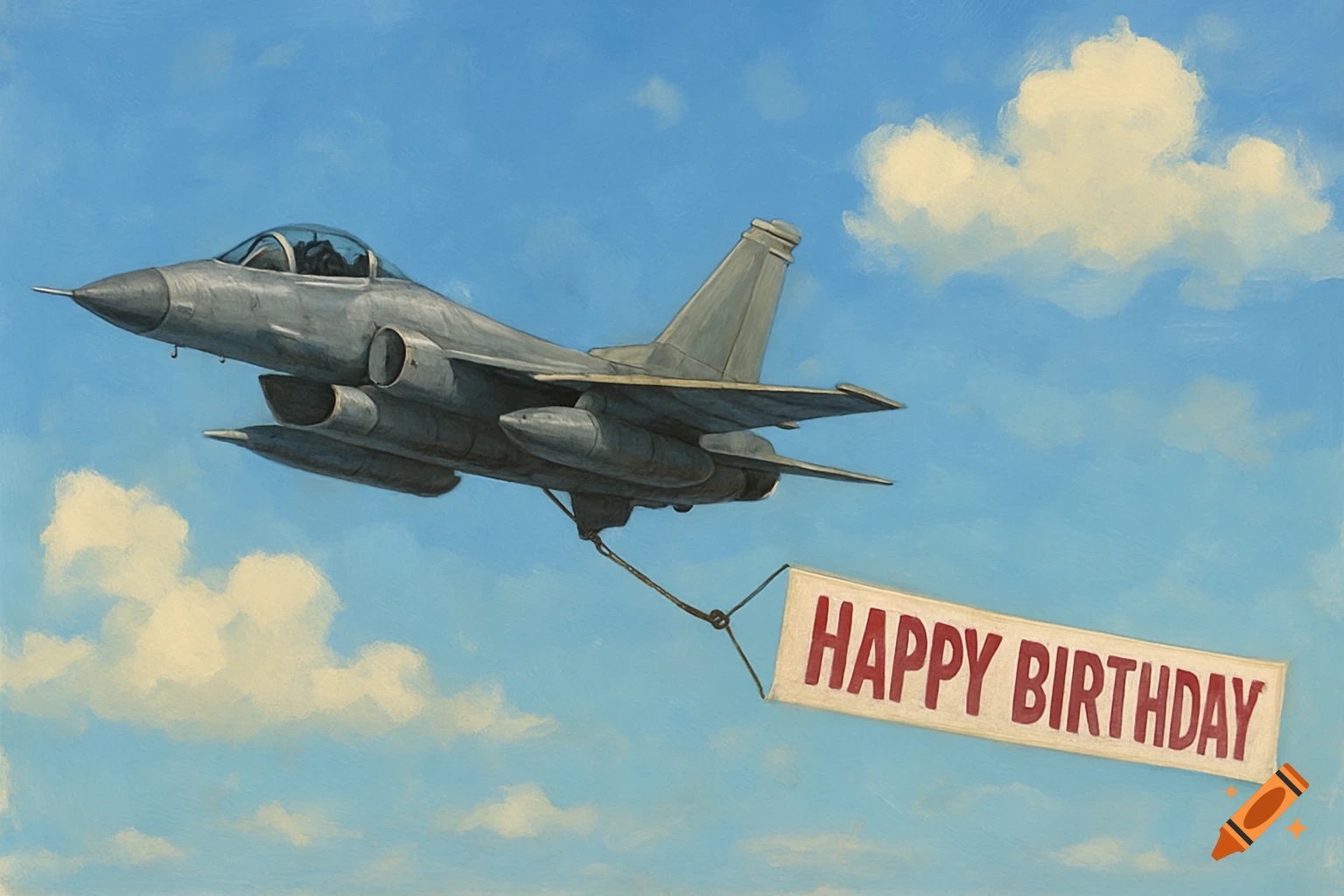 A military fighter jet flying in a blue sky, towing a white banner with "HAPPY BIRTHDAY" written in red.