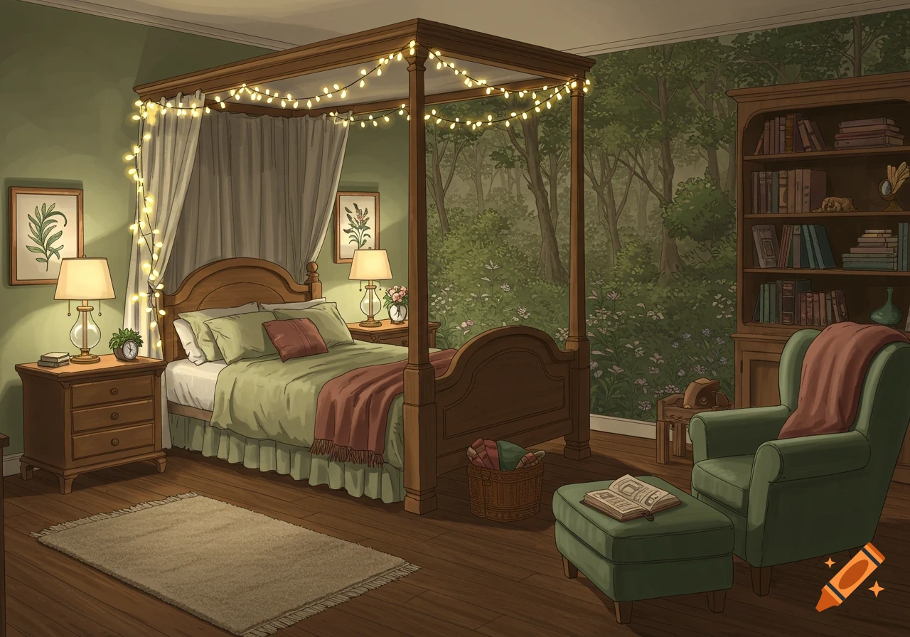 An illustrated cozy enchanted forest bedroom with a four-poster bed, fairy lights, forest wallpaper, bookshelf, and reading chair.