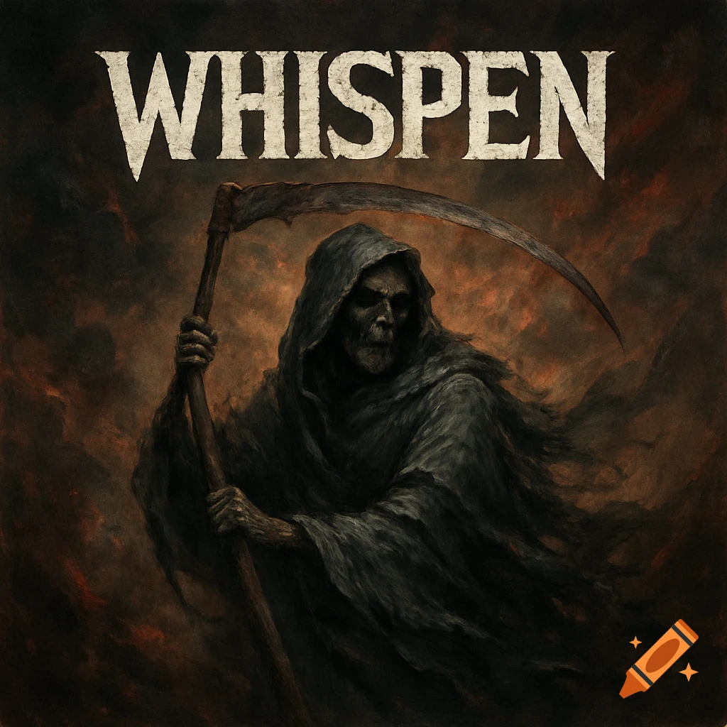 A dark, painterly image of the Grim Reaper holding a scythe against an ominous, fiery background, with the word 'WHISPEN' at the top.