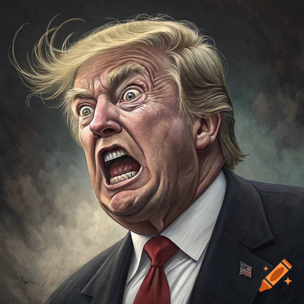 Exaggerated caricature portrait of Donald Trump screaming in a suit.