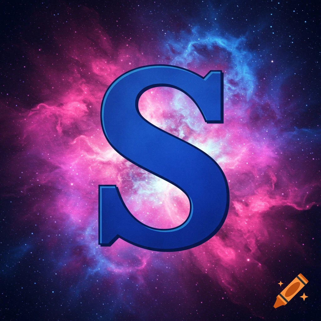 A bold blue letter S against a vibrant pink and blue cosmic nebula background with stars.