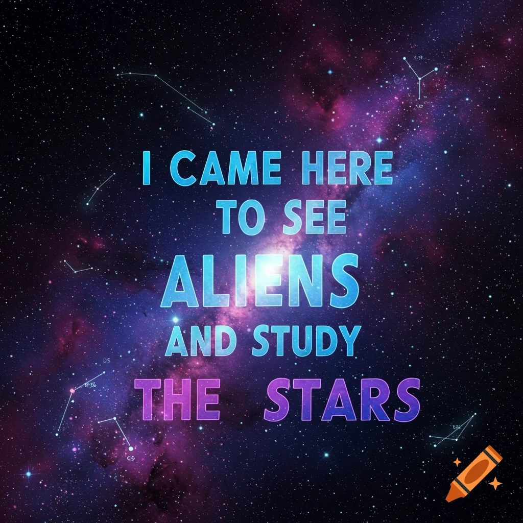Text in a starry galaxy saying 'I CAME HERE TO SEE ALIENS AND STUDY THE STARS' with constellations visible.
