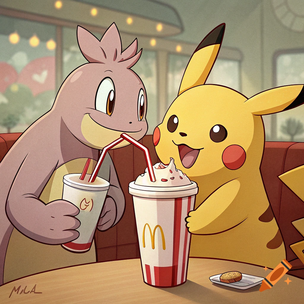 Pikachu and a brown Pokémon share a milkshake with red-striped straws at a table in a fast-food restaurant, with McDonald's logos on the cups.