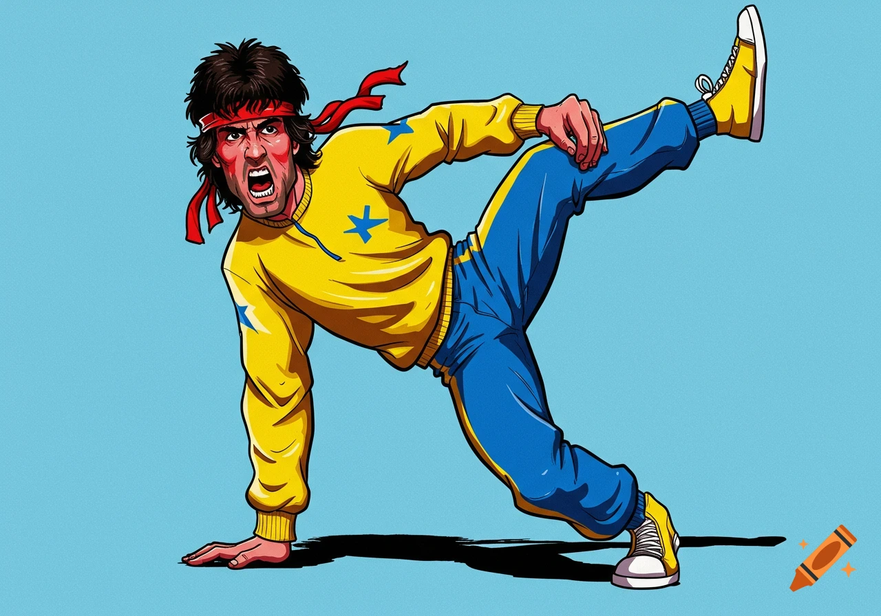 Cartoon illustration of Rambo in a yellow and blue tracksuit and red headband, striking a breakdance pose with a shout.