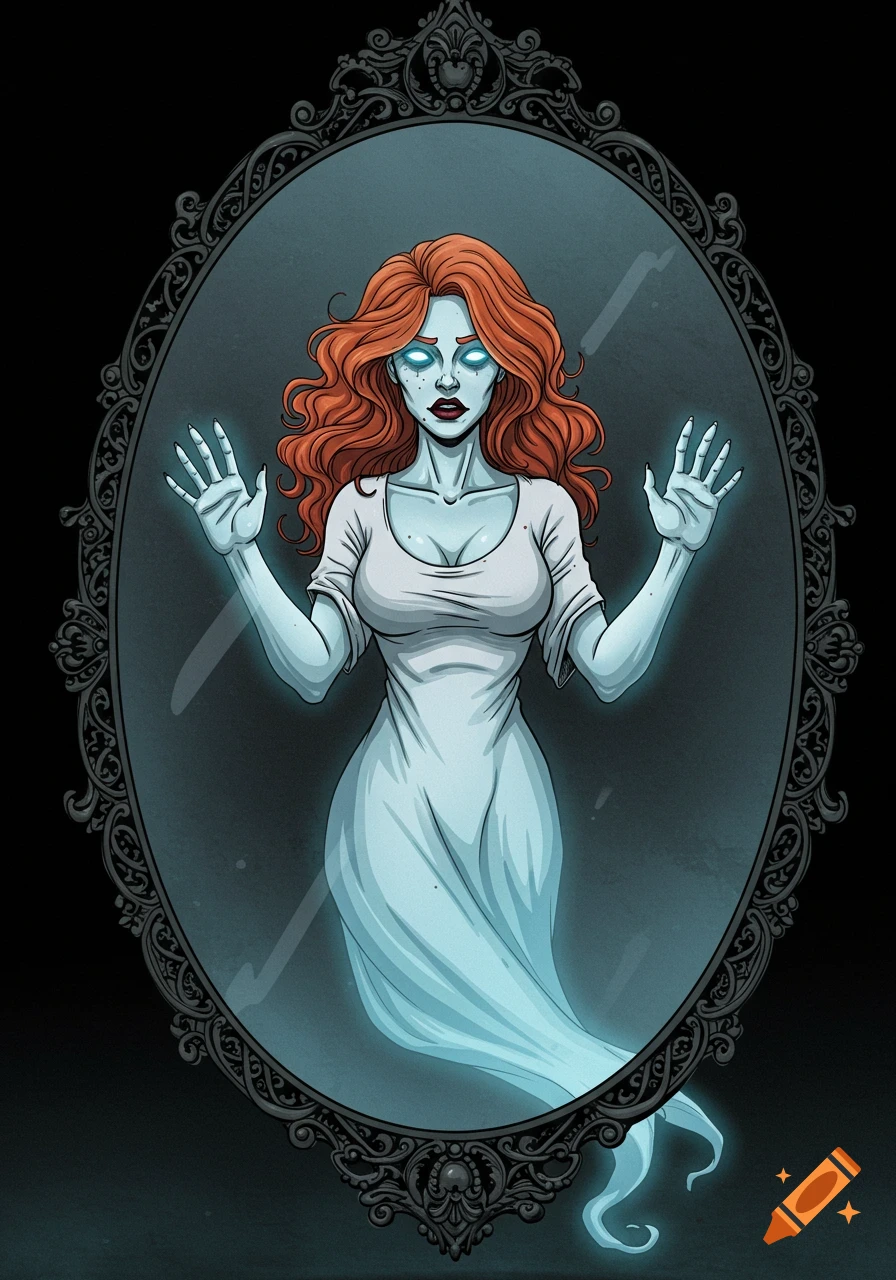 An eerie comic illustration of a ghostly woman with red hair and glowing eyes, trapped behind a dark, ornate mirror.