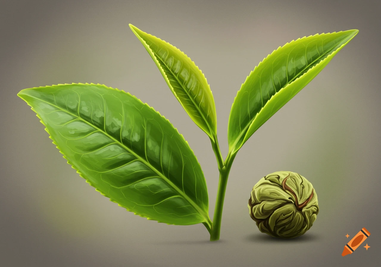 An illustration of three green tea leaves and a coiled tea bud on a plain background.