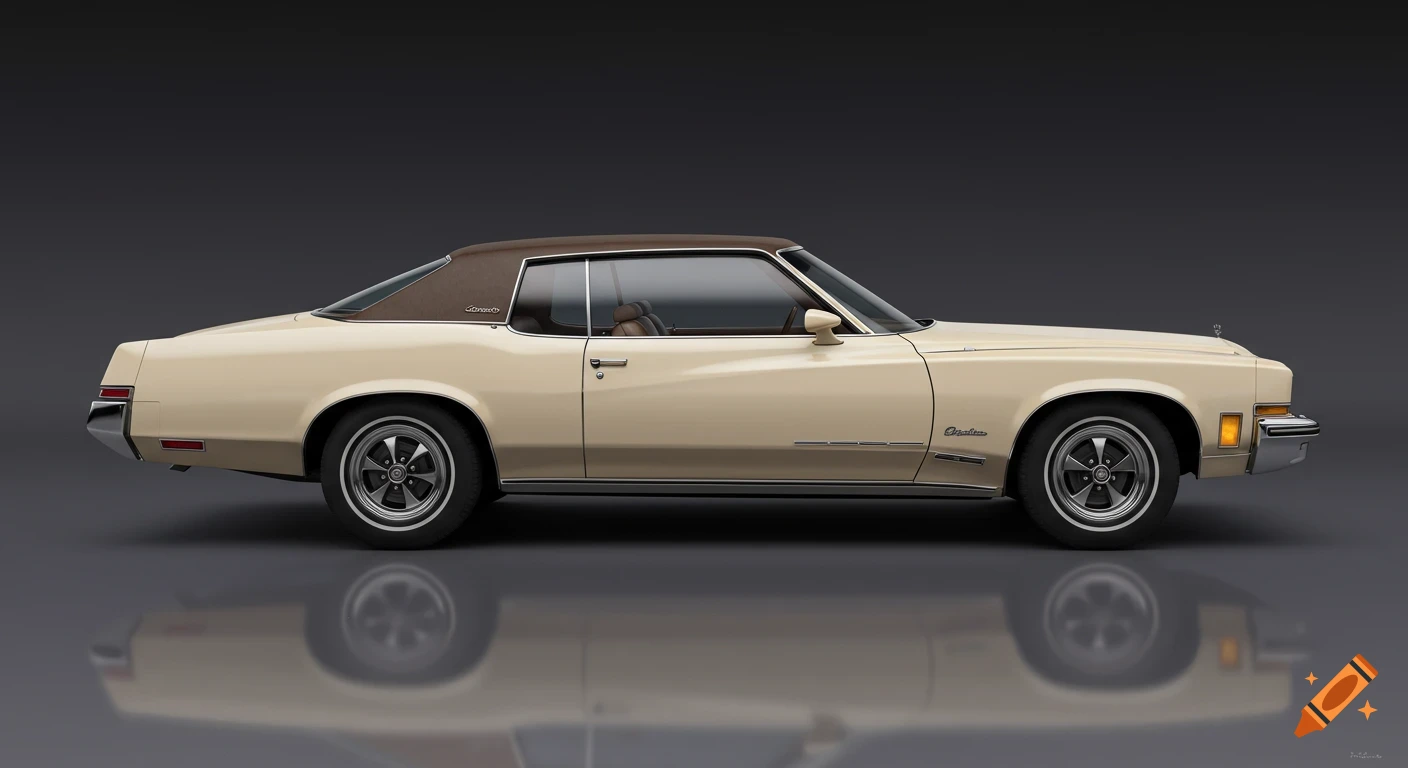 A classic 1970s cream Buick Rivera with a brown vinyl top, seen from the side with a reflection.