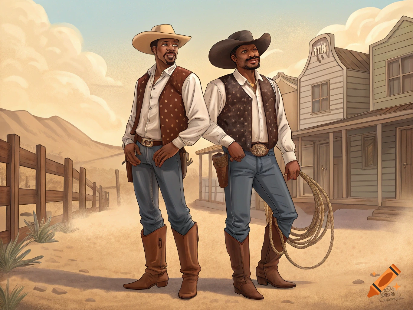 Two Black cowboys, one in a tan hat and brown vest, the other in a black hat and speckled vest, stand in a dusty western town.