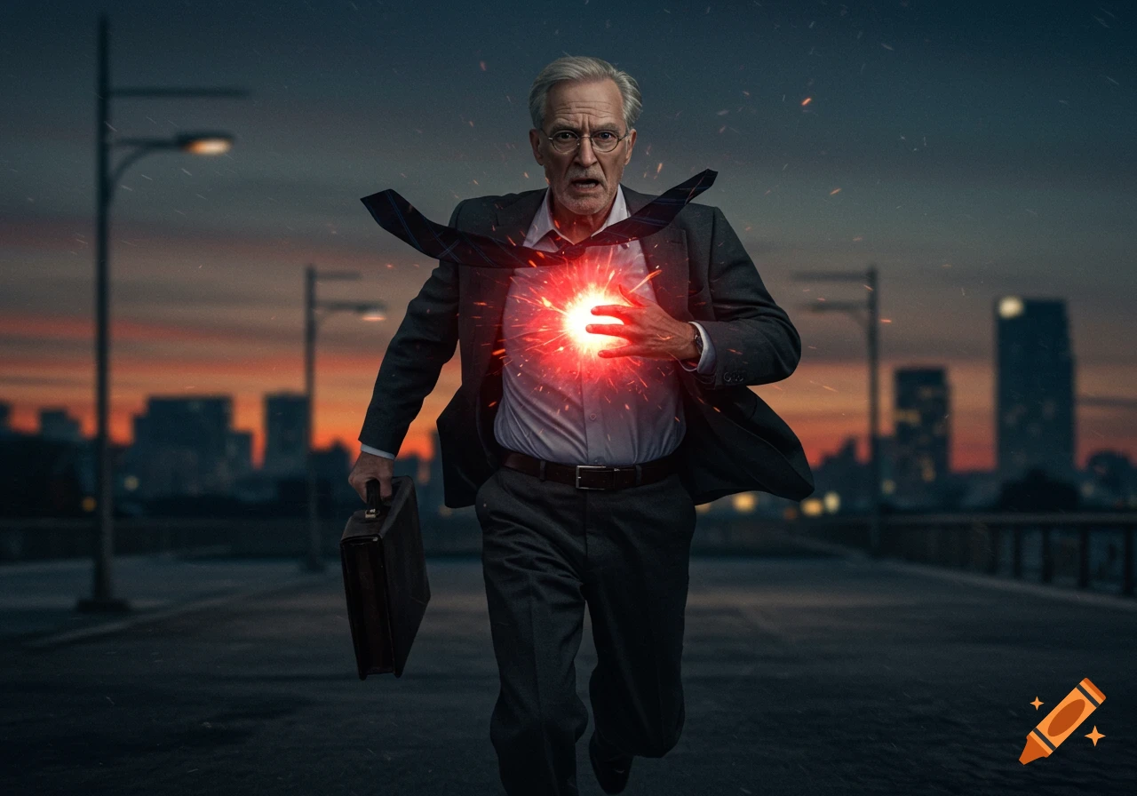 An older man in a suit runs on a bridge at dusk with a glowing red light emanating from his chest, holding a briefcase.
