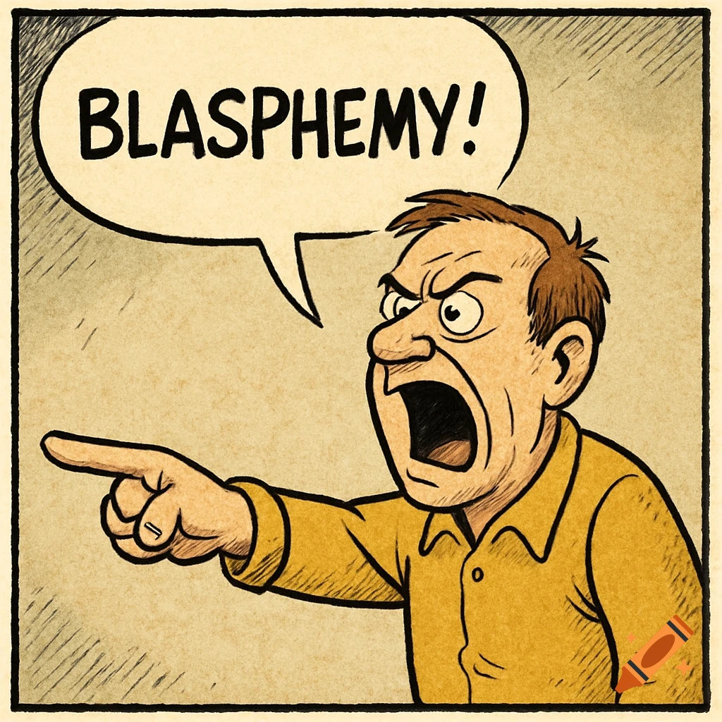 A man in a yellow shirt, drawn in a comic style, yells "BLASPHEMY!" while pointing to the left.