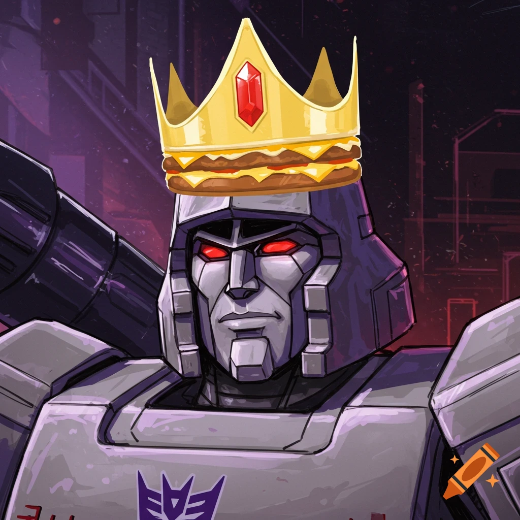 Close-up illustration of G1 Megatron from Transformers wearing a golden crown with a hamburger in its base, against a purple, city-like background.