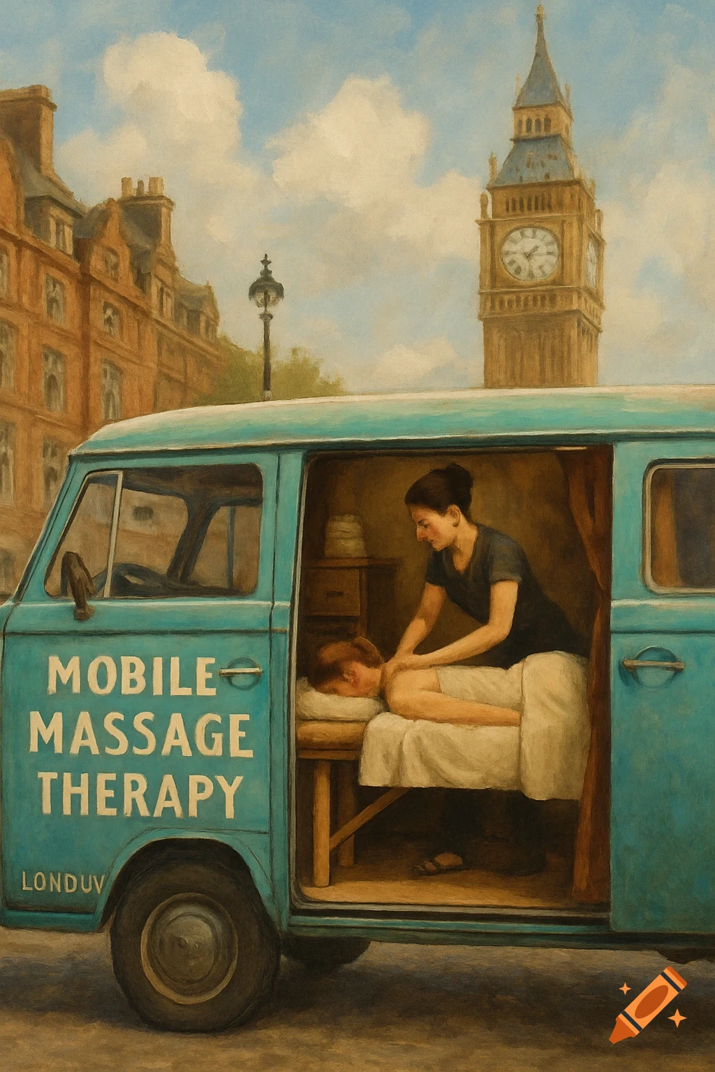 A painterly image of a teal mobile massage therapy van parked in London, with Big Ben and historic buildings in the background.