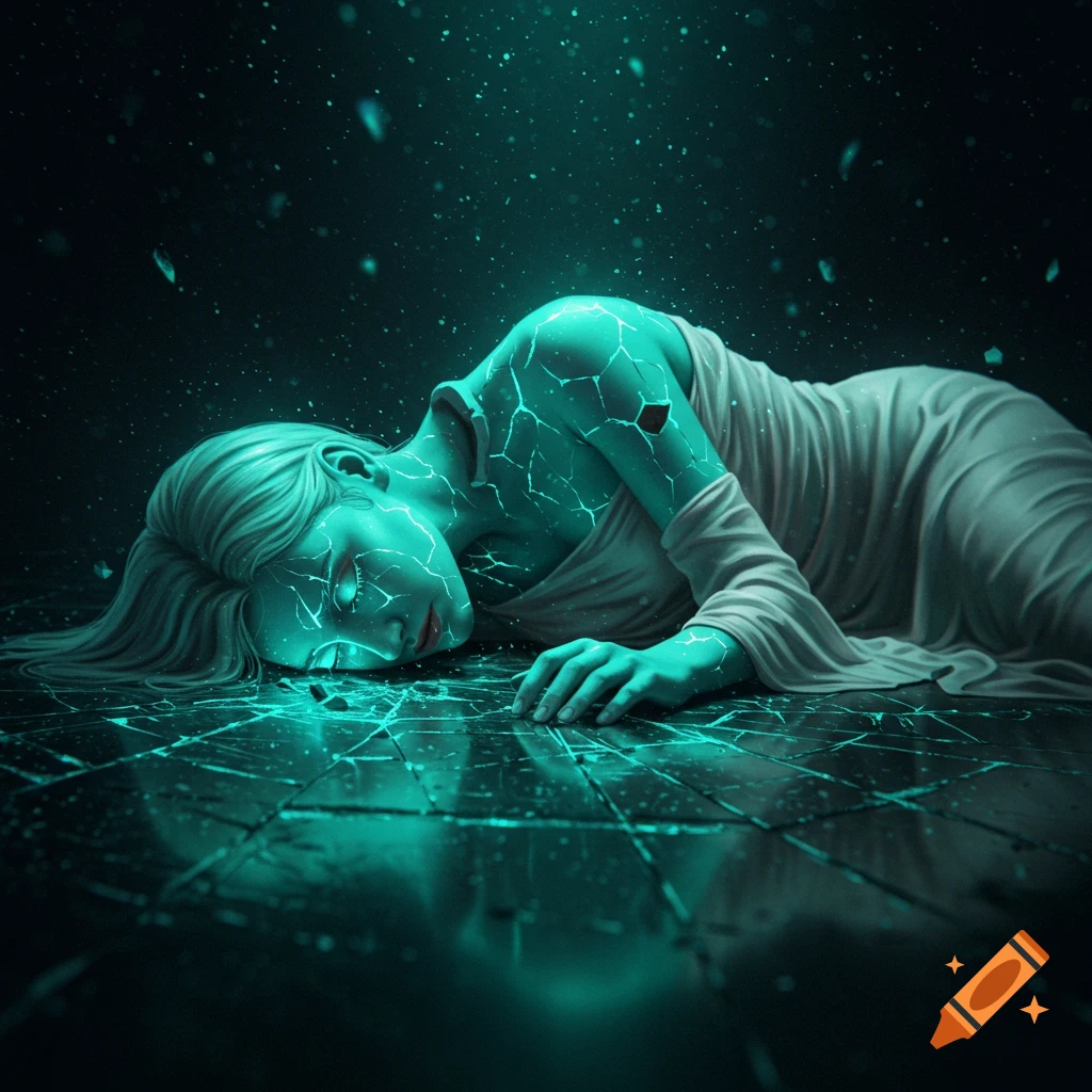 A surreal digital artwork of a woman with teal glowing, cracked skin, dressed in a flowing white garment, collapsed on a cracked glass floor in a dark, ethereal environment.