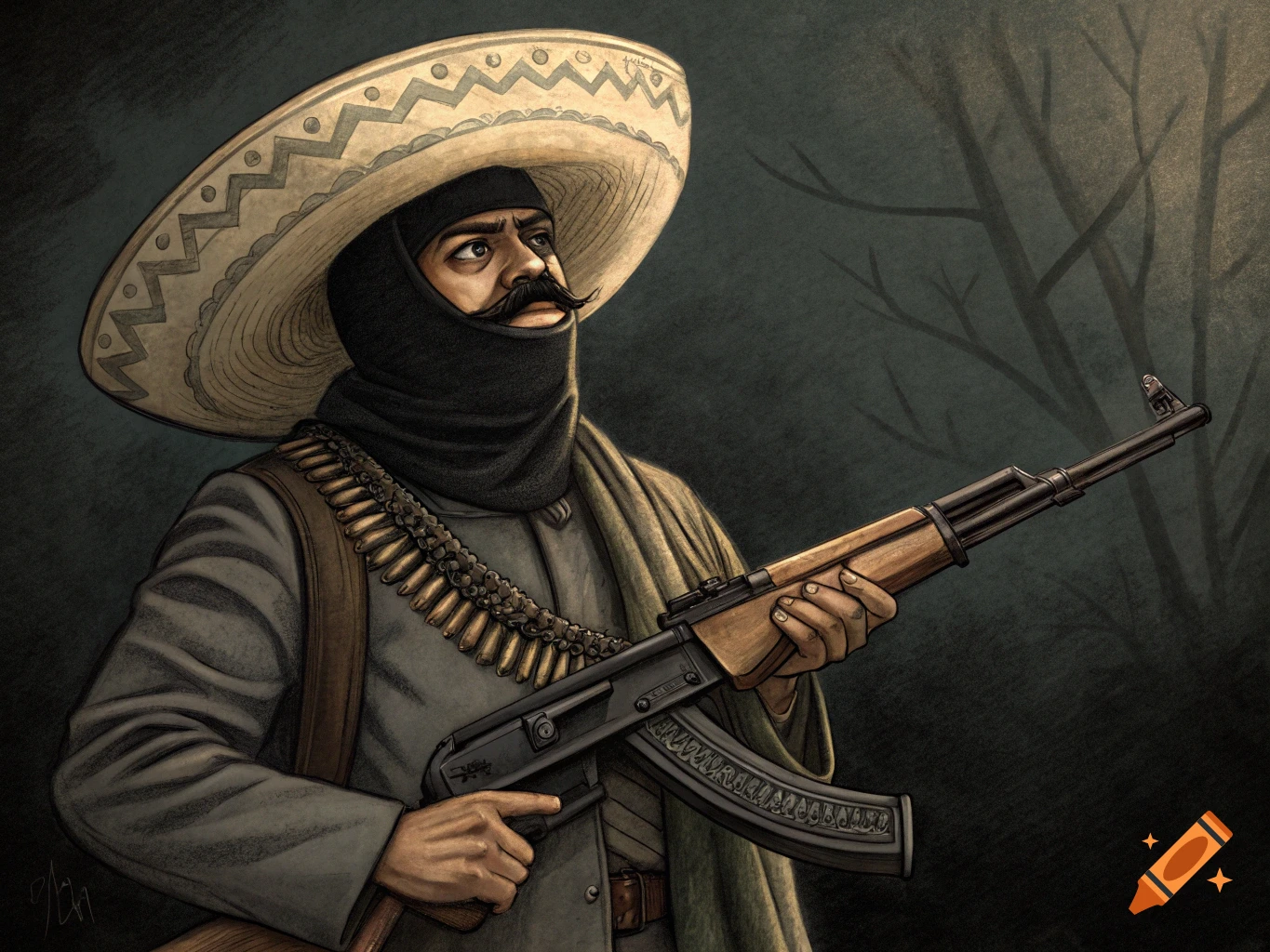 An illustrated portrait of a man in a ski mask and sombrero, wearing an ammunition belt and holding an AK-47 rifle.
