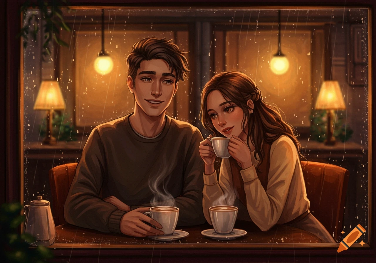 An illustrated couple sits at a coffee shop table, looking out at the rain-streaked window.