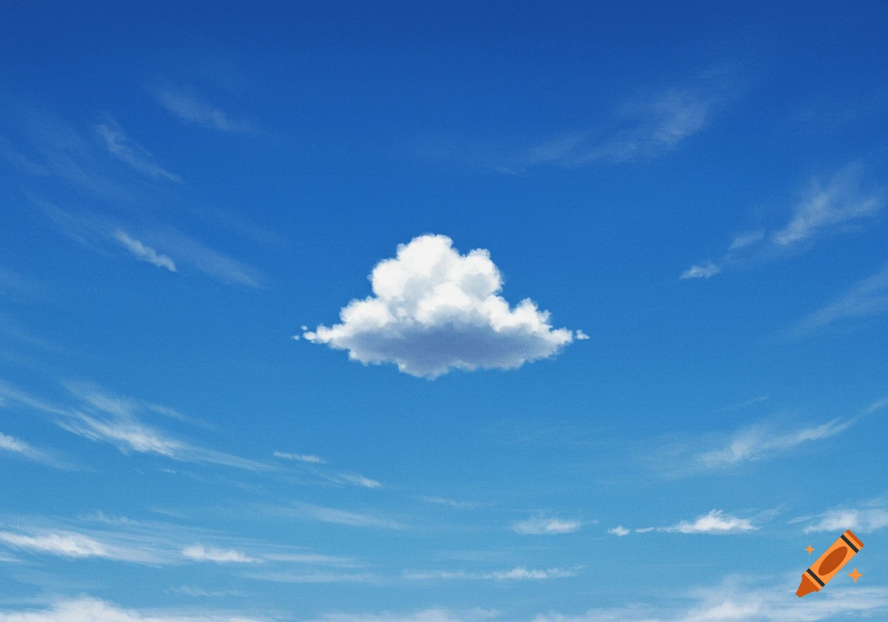 A bright blue sky with a prominent fluffy white cloud centered, surrounded by faint wispy clouds.