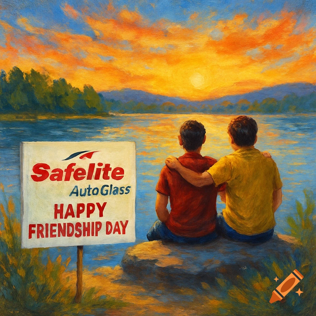 Painting of two men sitting by a lake at sunset with arms around each other, next to a sign for Safelite AutoGlass celebrating Friendship Day.