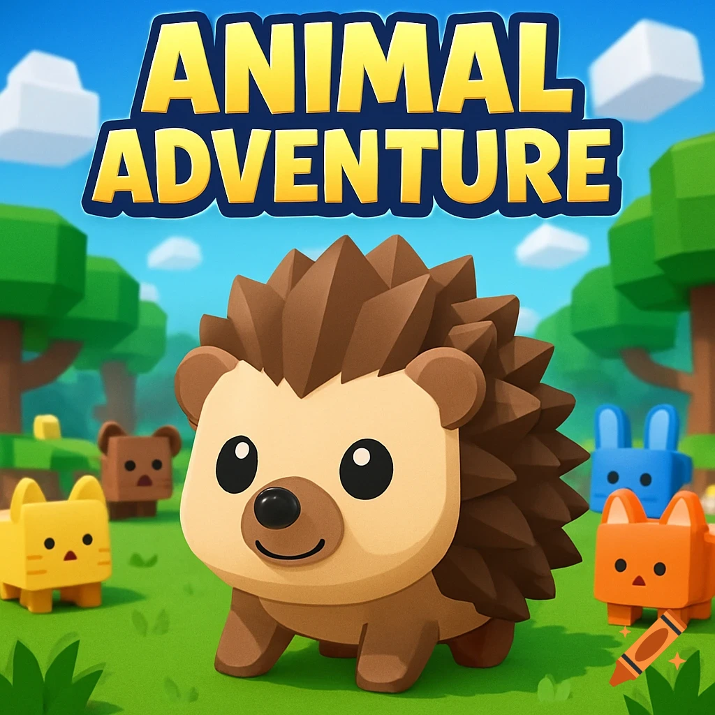 A cartoon-style hedgehog stands in a grassy field surrounded by blocky animals, with the title 'ANIMAL ADVENTURE' above.