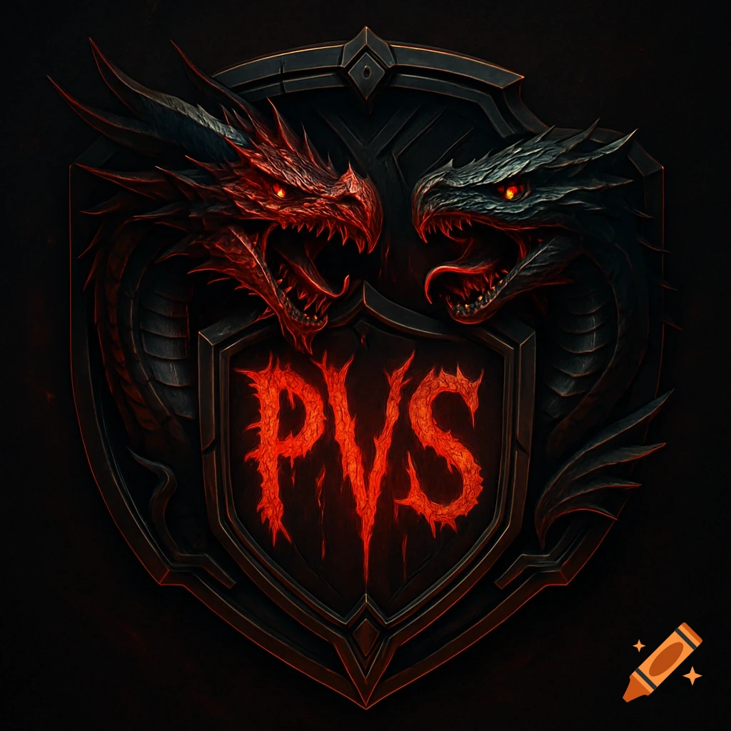 A dark, metallic crest featuring two roaring dragons, one red and one dark, with glowing, spiky red text 'PVS' in the center.