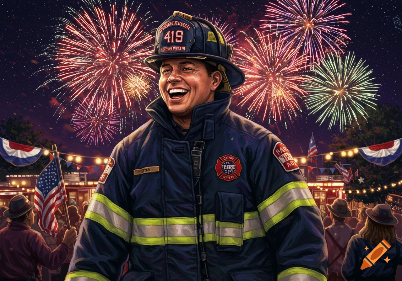 A smiling firefighter in uniform stands in front of fireworks, surrounded by people and American flags at a Fourth of July celebration in an illustrated style.