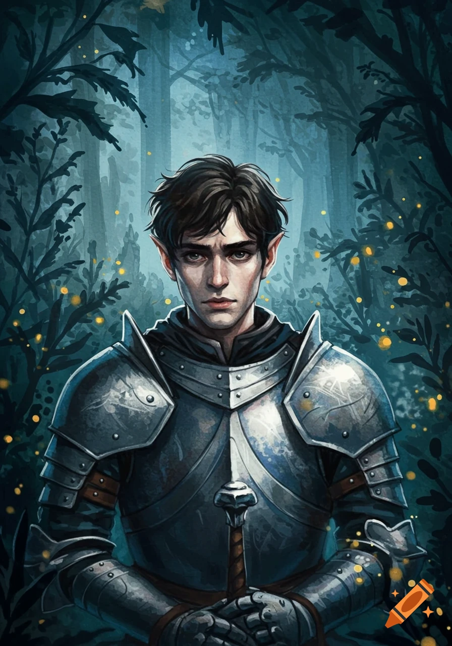 A watercolor illustration of an elf-like knight in armor holding a sword in a magical forest at night.