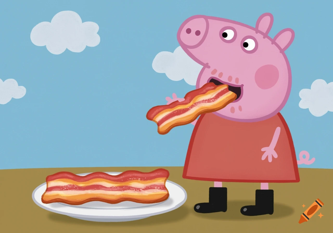 Cartoon Peppa Pig eats a strip of bacon with another on a plate, against a blue sky background.