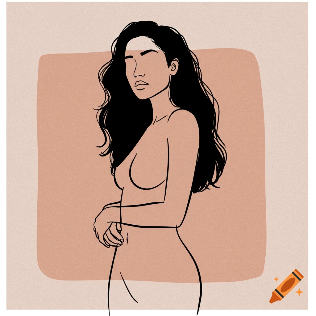 An artistic line drawing of a nude woman with long dark hair, set against a two-tone background.