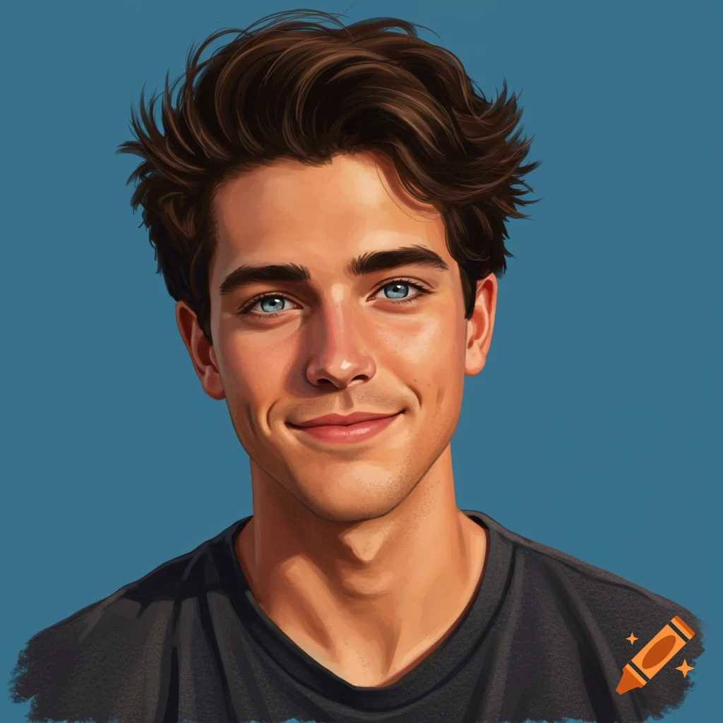 Close-up digital art portrait of a smiling young man with brown hair and blue eyes against a blue background.