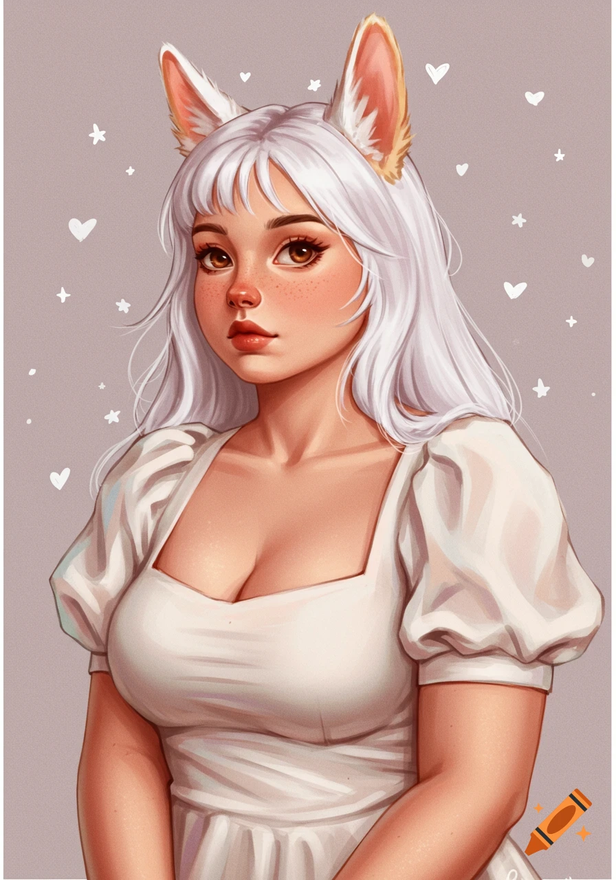 Semi-realistic illustration of a woman with long white hair and fox ears, wearing a white puff-sleeve dress.