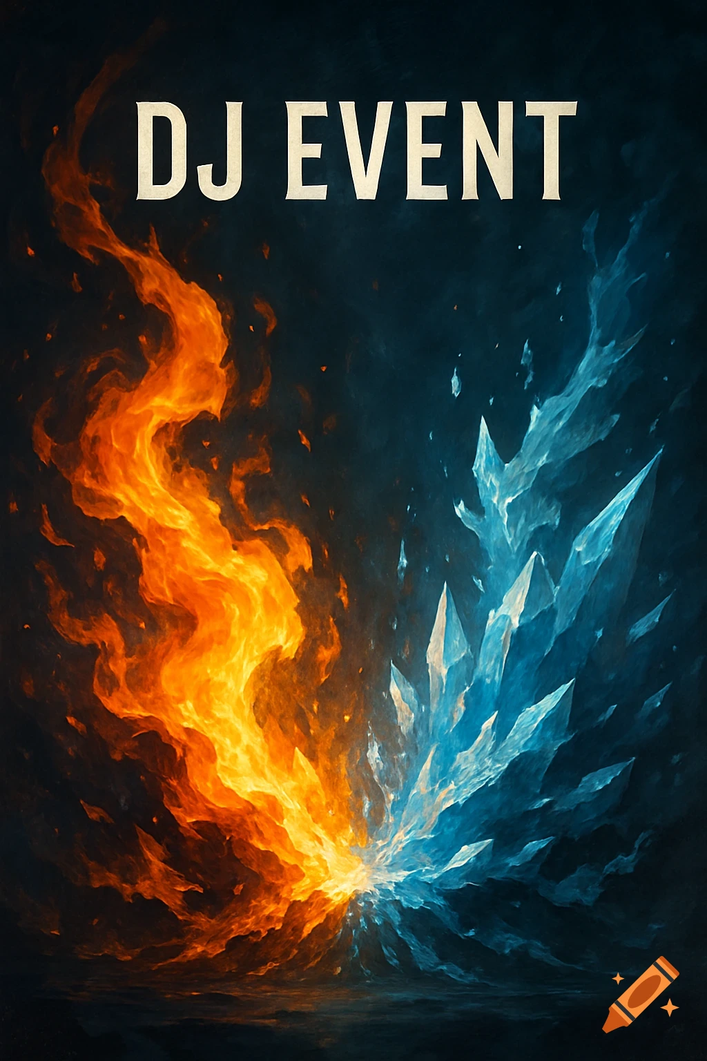 Abstract image of a fiery orange wave clashing with sharp blue ice shards against a dark background, with 'DJ EVENT' text.
