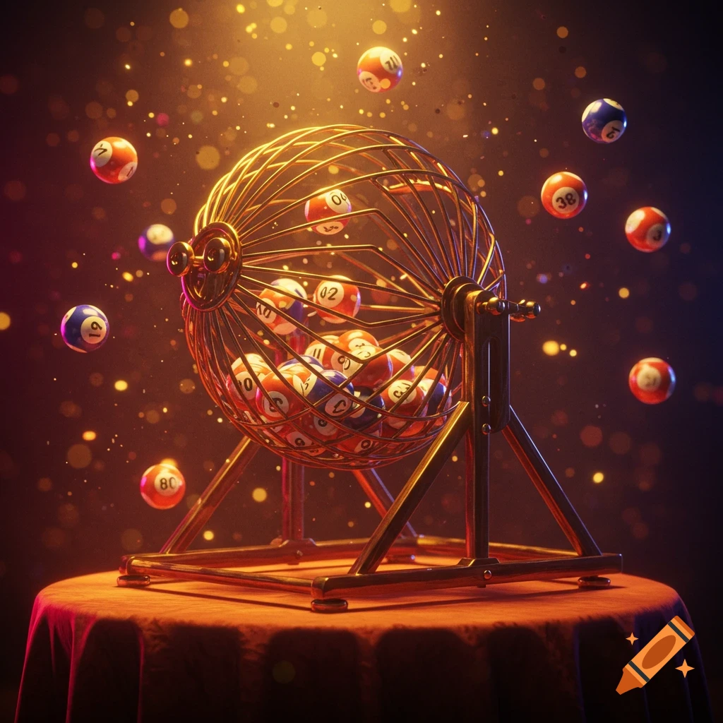 A golden bingo cage filled with numbered red and blue balls, with more balls floating around against a dark, sparkling background.