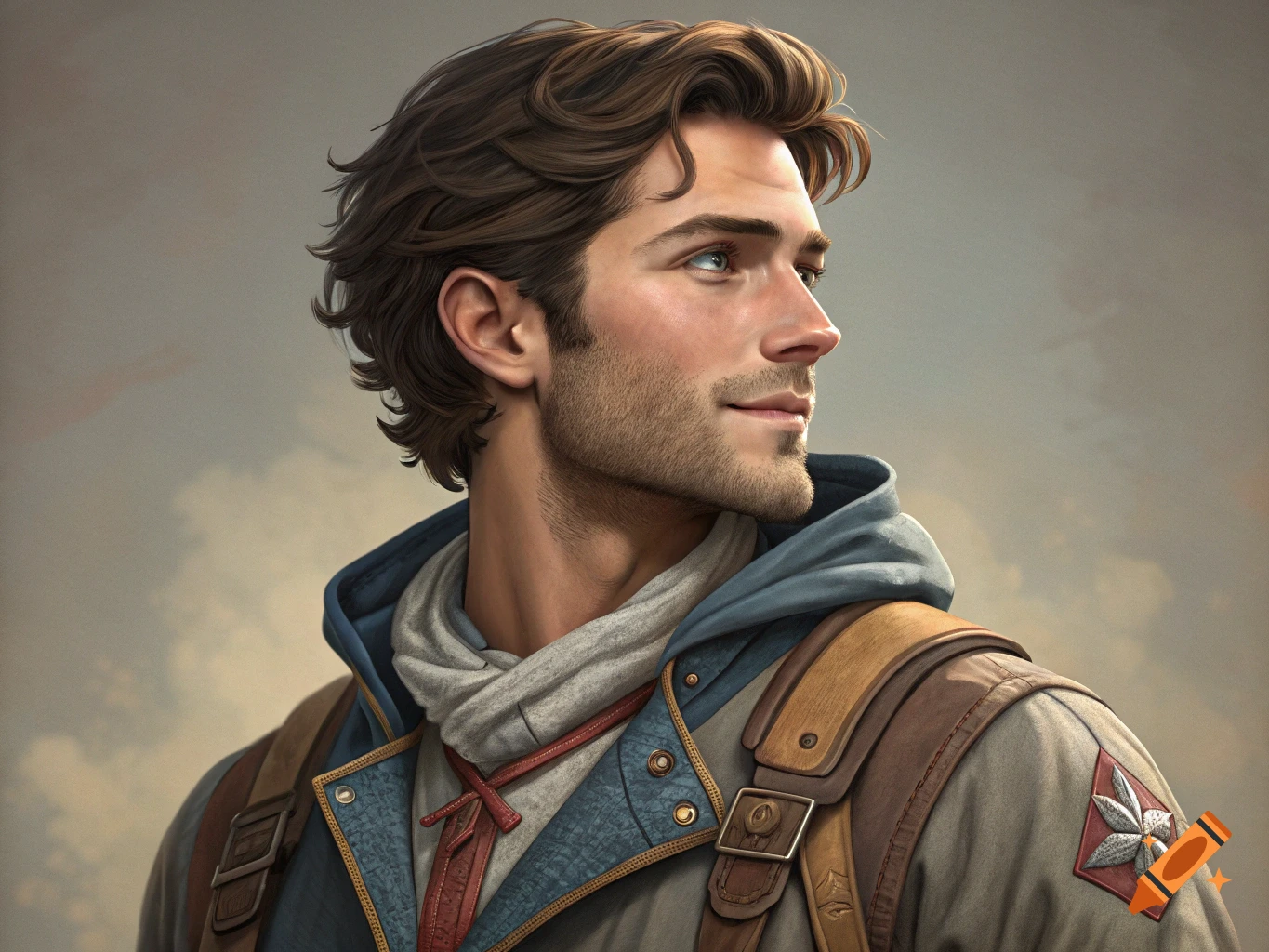 A profile portrait of a handsome man with brown hair and light stubble, wearing a blue jacket and a backpack.