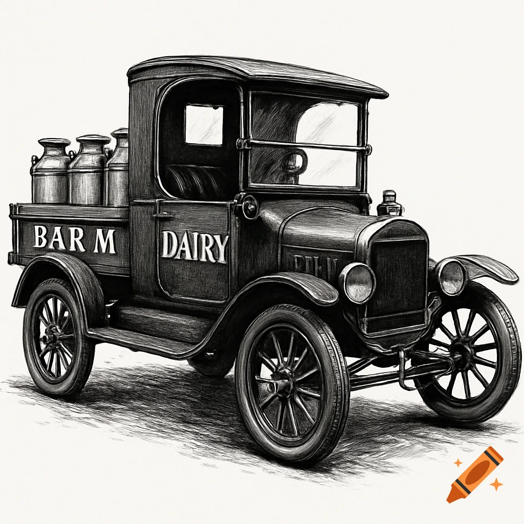 Black and white sketch of a vintage milk truck with 'BAR M DAIRY' on its side.