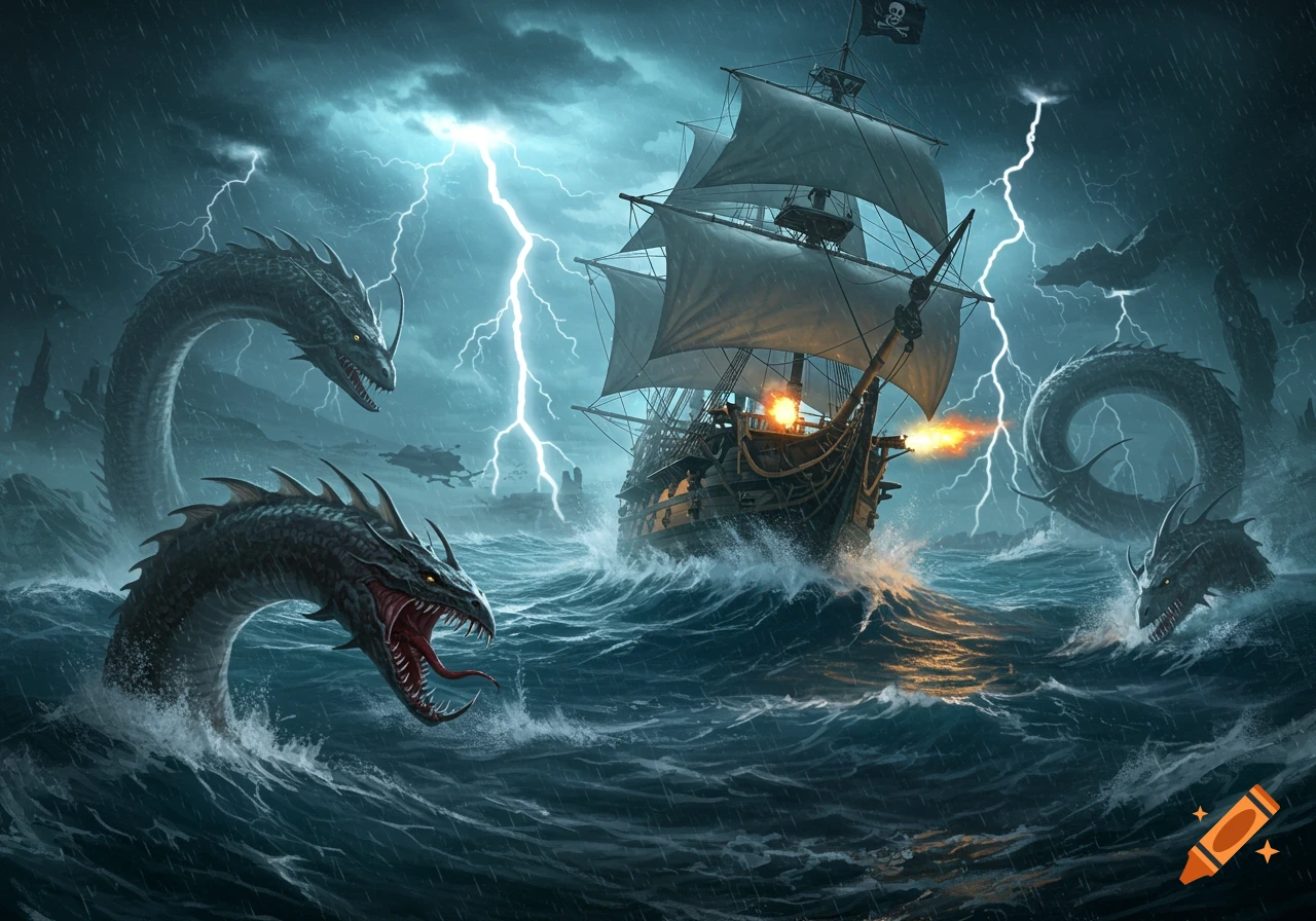 A pirate ship with cannons firing battles several menacing sea monsters in a dramatic, lightning-filled storm on a rough ocean.
