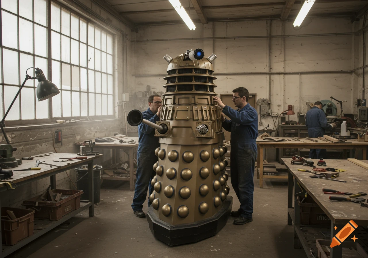 Craftsmen in an industrial workshop assemble a full-scale gold Dalek model. Tools are on workbenches, with light filtering through windows.