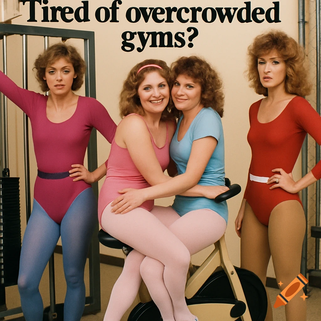 Four women in 1980s leotards and tights pose in a gym with the text 'Tired of overcrowded gyms?'