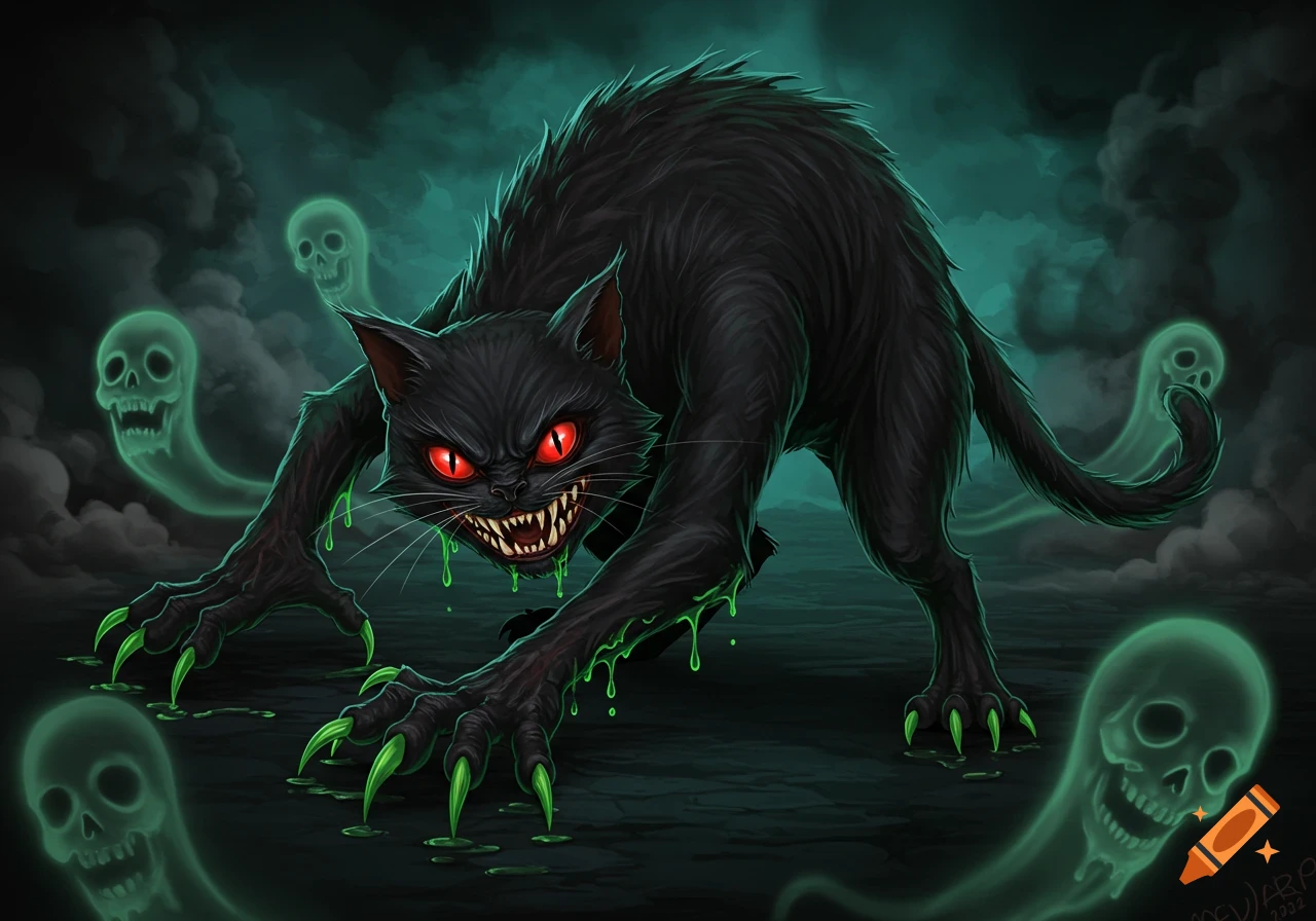 A monstrous black cat with red eyes, sharp teeth, green claws, and dripping slime, surrounded by floating green skull-like ghosts in a dark, ominous setting.