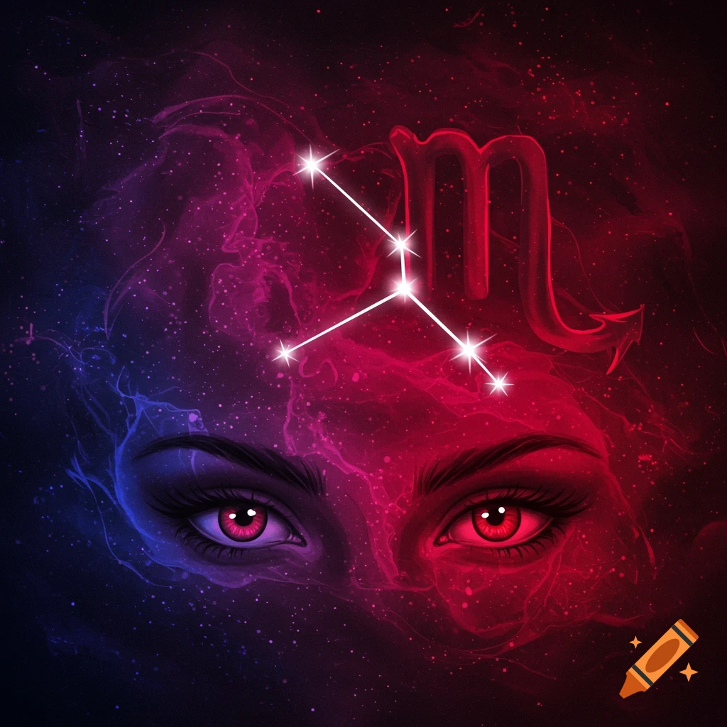 A stylized image featuring piercing eyes against a cosmic backdrop, with the Scorpio constellation and zodiac symbol prominently displayed in red and blue nebula colors.
