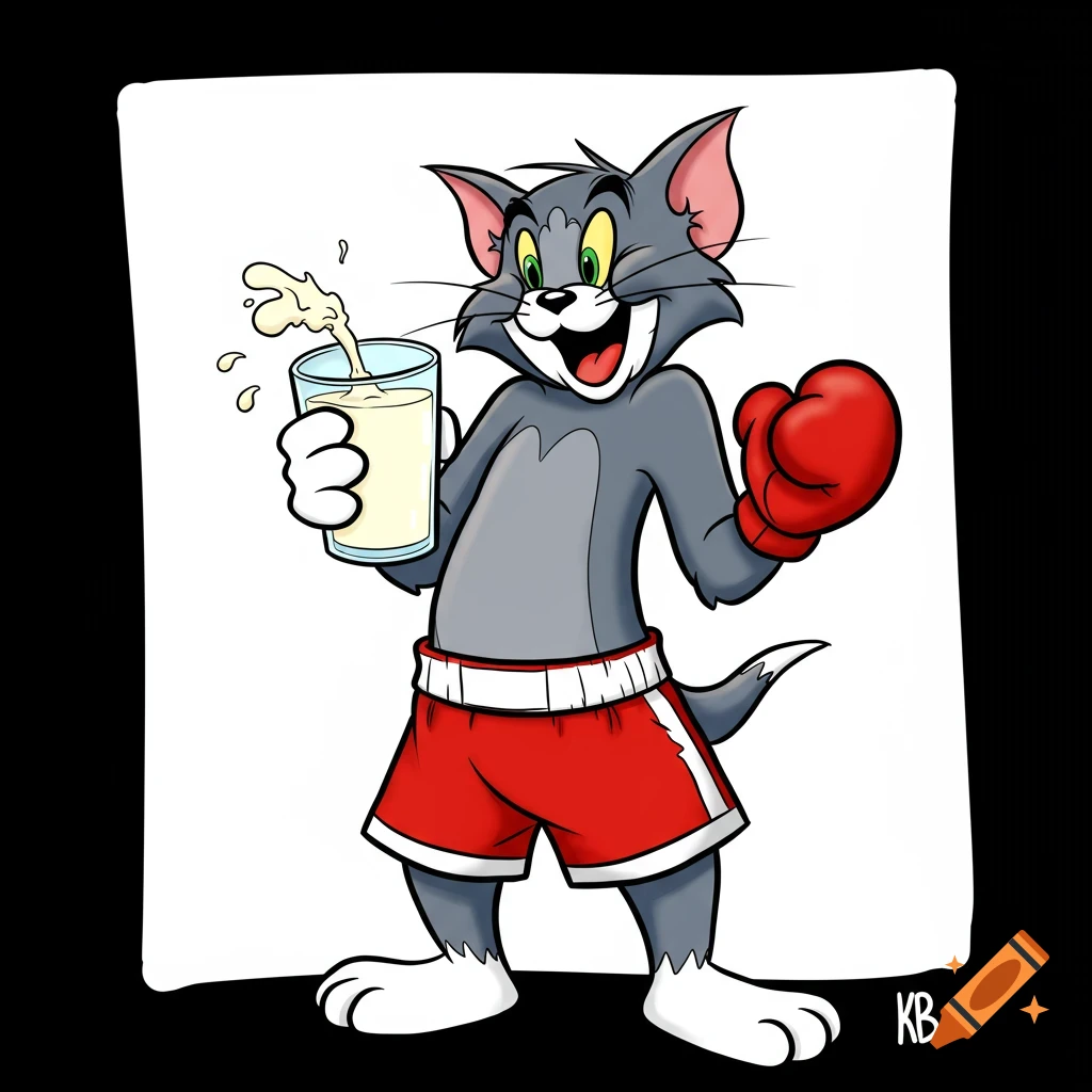 Tom the cat from Tom and Jerry in red boxing shorts and gloves, holding a glass of milk.