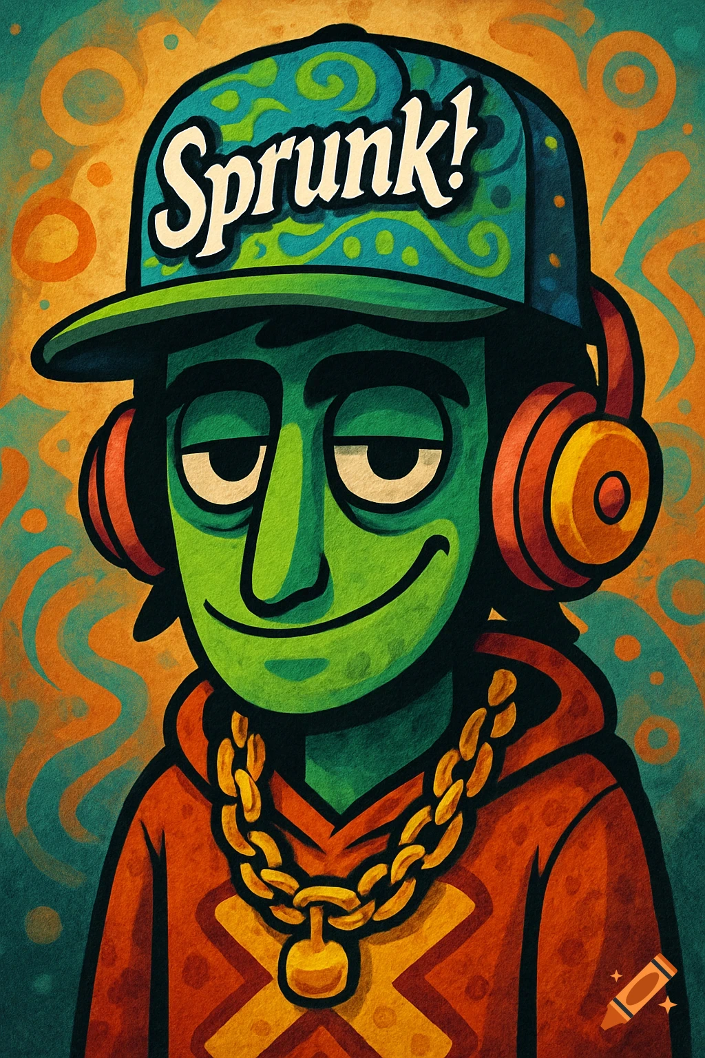 A vibrant cartoon character with green skin, wearing an orange hoodie, a gold chain, orange headphones, and a blue cap with "Sprunk!" written on it in white.