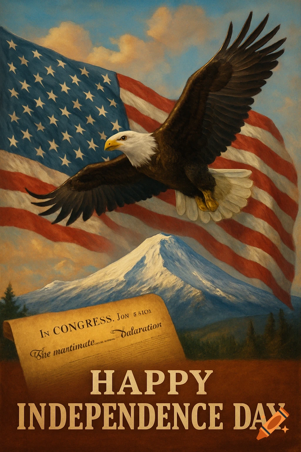 A majestic bald eagle soars over a snowy mountain with an American flag waving behind it. A scroll with partial text and "HAPPY INDEPENDENCE DAY" at the bottom.