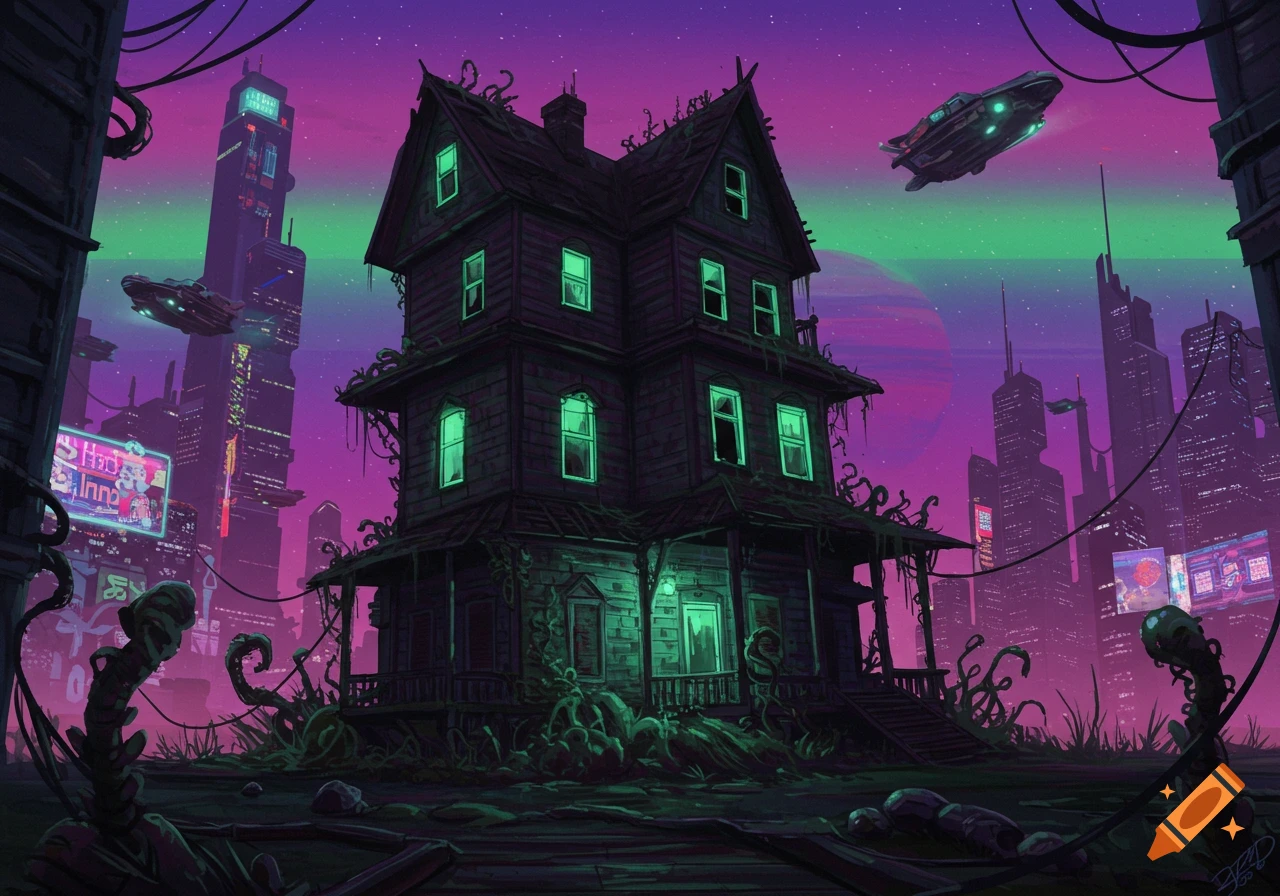 A spooky, gnarled haunted house with glowing green windows in a futuristic city with flying spaceships under a vibrant purple and green sky.