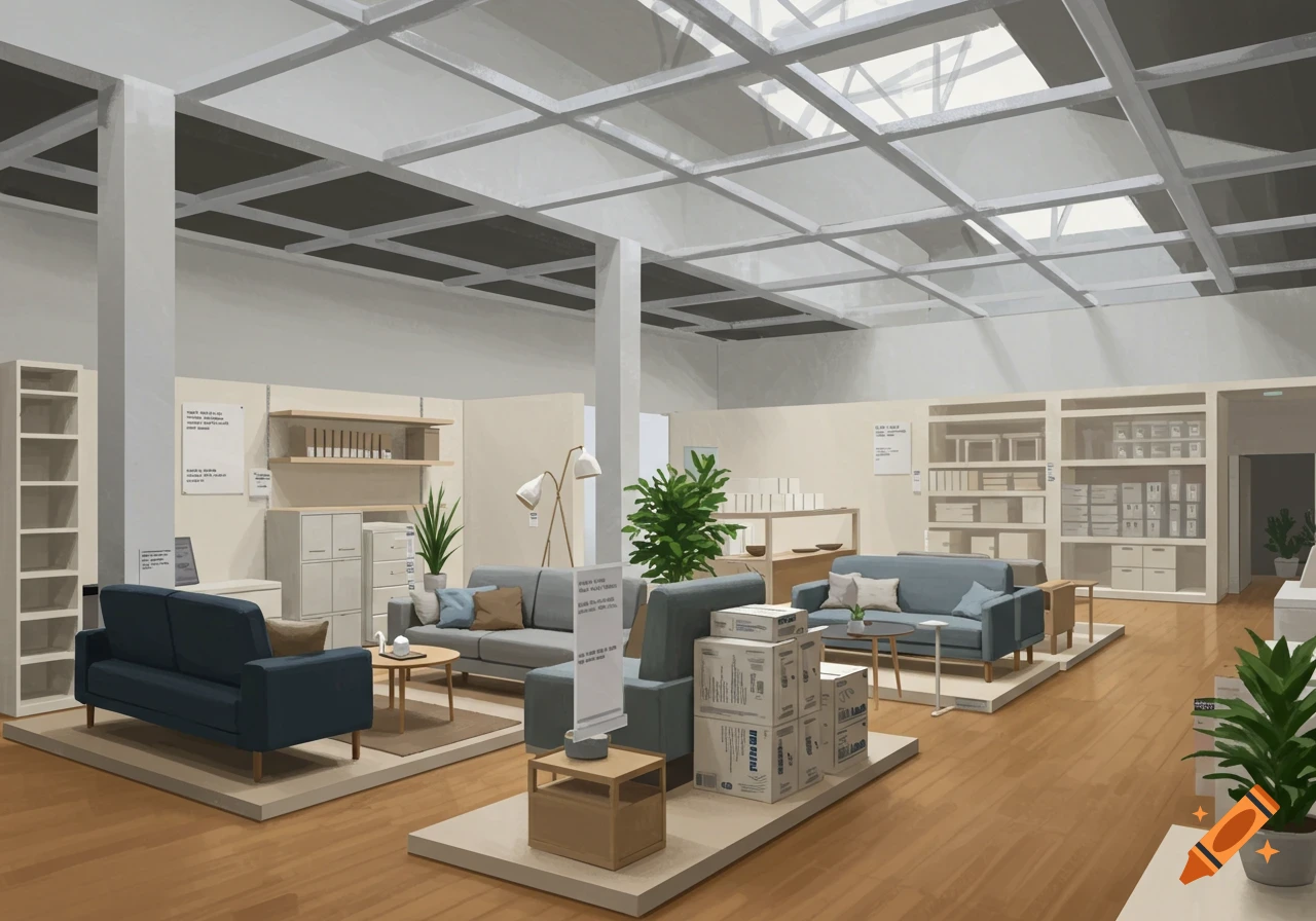 A bright and airy interior of a furniture store resembling IKEA, with display areas featuring sofas, shelves, and plants under a skylit roof.