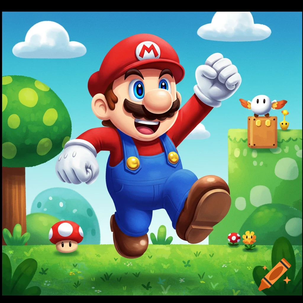 Cartoon Mario jumping in a vibrant green landscape with mushrooms and blocks under a blue sky.