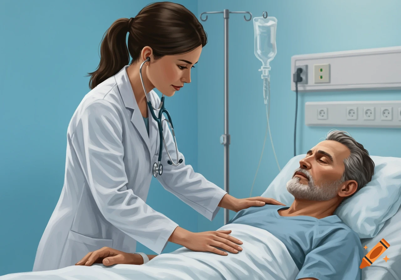 An illustrated image of a doctor or nurse checking on a male patient lying in a hospital bed with an IV drip.