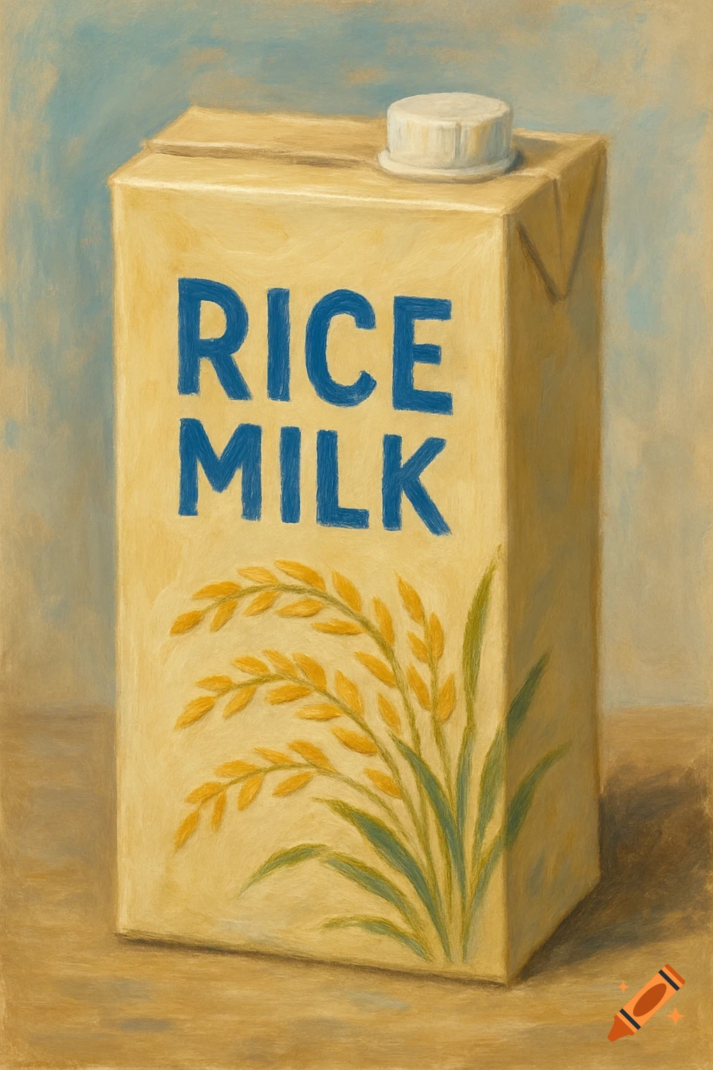 A painted still life of a yellow rice milk carton with blue text 'RICE ...