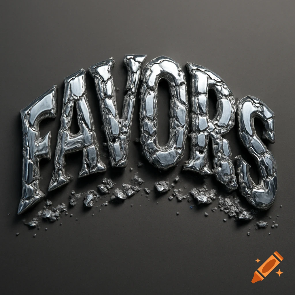 3D chrome text spelling 'FAVORS' with a crumbling effect on a dark gray background.