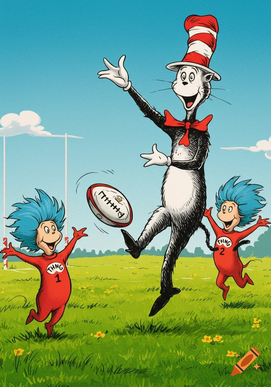 An illustration of The Cat in the Hat kicking a rugby ball while Thing 1 and Thing 2 run excitedly in a grassy field.
